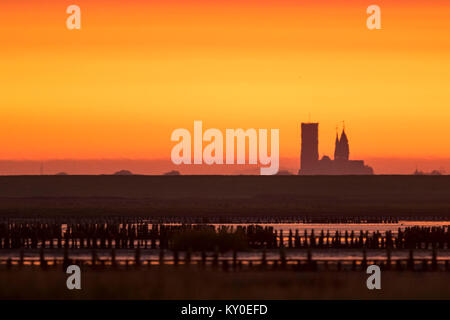 Vista del foreland est di Mandø con Ribe Cathedral in background, Foto Stock