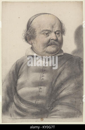 Ritratto di un uomo con una faccia rotonda, baffi e cappello, disegnato da Nicolas Lagneau in tre quarti. Foto Stock