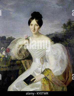 Un ritratto austriaco del XIX secolo proveniente dall'officina di Ferdinand Georg Waldmüller raffigura una donna in un abito bianco, illustrando eleganza, dettaglio e stile d'epoca. Foto Stock