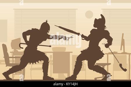 Modificabile illustrazione vettoriale di due gladiatori combattono in un ufficio in conflitto Illustrazione Vettoriale