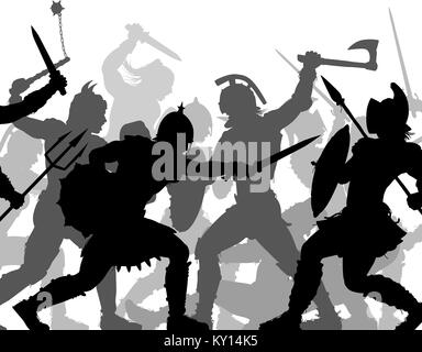 Modificabile sagome vettoriali di antica lotta contro i soldati in battaglia con le figure e le armi come oggetti separati Illustrazione Vettoriale