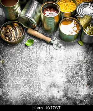 Vari cibi inscatolati con carne, pesce, verdura e frutta in lattina lattine. Su uno sfondo rustico. Foto Stock