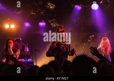 L'alternativa British dance- e banda folktronica Crystal Fighters esegue un concerto dal vivo a John Dee Live Club. Qui cantante e musicista Sebastian Pringle (C) è raffigurato dal vivo sul palco. Norvegia, 02/12 2013. Foto Stock