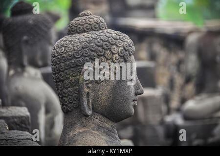 Staties di Buddha nel tempio di Borobudur sull isola di Giava, in Indonesia Foto Stock