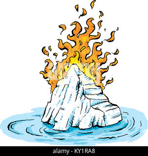 Cartoon di fiamme roventi masterizzazione su un congelati, freddo iceberg galleggianti in acqua. Foto Stock