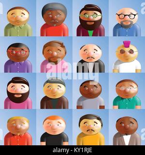16 i lavoratori di sesso maschile di varie epoche e gruppi etnici. Business abbigliamento casual. Questo è un sistema scalabile e modificabile il disegno vettoriale. Illustrazione Vettoriale