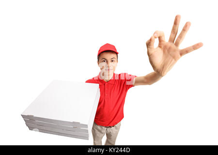 Teenage consegna pizza ragazzo facendo un gesto ok isolati su sfondo bianco Foto Stock