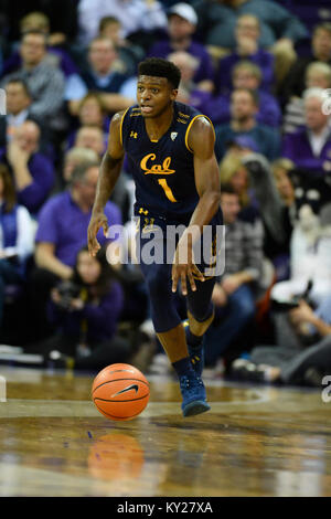 Seattle, WA, Stati Uniti d'America. Xi gen, 2018. Cal guard Dario McNeill (1) in azione durante una PAC12 gioco di basket tra il Washington Huskies e cal orsi. Il gioco è stato giocato al Hec ed Pavilion a Seattle, WA. Jeff Halstead/CSM/Alamy Live News Foto Stock