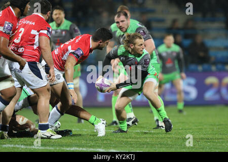 Agen, Francia. Xii gen, 2018. Gloucester's Callum Braley durante il match contrapposta Agen vs Gloucester in EPCR Challenge Cup 2017/2018. Credito: Sebastien Lapeyrere/Alamy Live News. Foto Stock