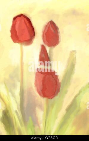 Arte tulipano acquarello dipinto a molla, rosso, verde e giallo colori dominanti, olio dipinti digitali Foto Stock