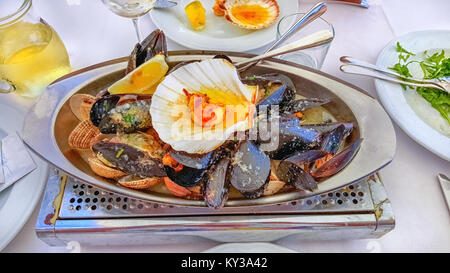 Grande piatto con le deliziose ostriche e capesante su ghiaccio con calce è servita con champagne e erbe aromatiche. Servire. Foto Stock