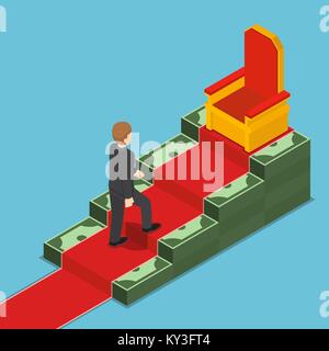 Appartamento 3D isometrica imprenditore a piedi fino al trono di Re sulla scaletta del dollaro. Il successo aziendale concetto. Illustrazione Vettoriale