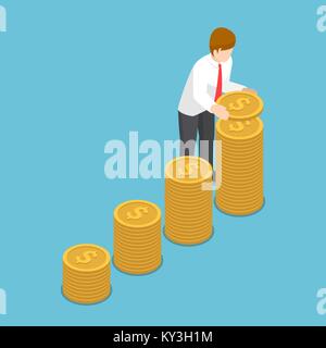 Appartamento 3D isometrica imprenditore mettere moneta alla crescita pila di monete. Risparmio di denaro e di concetto di investimento. Illustrazione Vettoriale