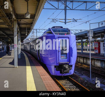 Hakodate, Giappone - Ott 1, 2017. Un treno locale in attesa presso la Stazione JR di Hakodate, Giappone. Hakodate è una delle principali città su Hokkaido, Giappone NORD Foto Stock