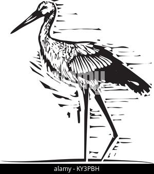 Silografia espressionista stile immagine di una wading stork Illustrazione Vettoriale