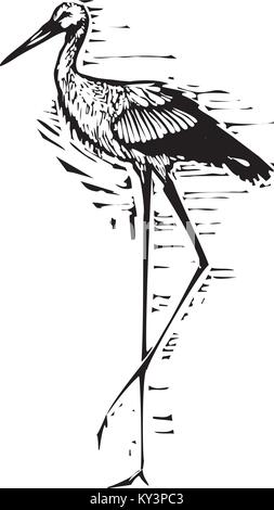 Silografia espressionista stile immagine di un molto alto di stork Illustrazione Vettoriale