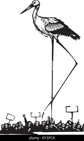 Silografia espressionista stile immagine di un molto alto di Stork a piedi attraverso una sommossa Illustrazione Vettoriale