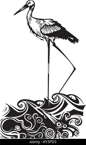 Silografia espressionista stile immagine di un molto alto di Stork camminando attraverso l'oceano Illustrazione Vettoriale