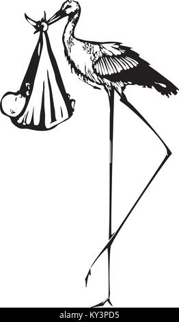 Silografia espressionista stile immagine di un molto alto di Stork offrendo un bambino Illustrazione Vettoriale