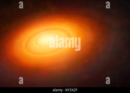 Sistema solare formazione. Illustrazione della nebulosa primordiale (nebulosa solare) che circonda la neonata Sun (centro). Il sole è stata formata come gas raggruppata fino a che non sia stata sufficientemente densa e abbastanza caldo per iniziare le reazioni nucleari che sostengono una stella. La nebulosa solare, originariamente una sfera di gas, polvere e rock, divenne un disco che eventualmente, sotto gravità, raggruppata in pianeti. Alcuni pianeti sono già visto formando nel disco (rosso si illumina), speleologia fuori spazi distinti come essi attraggono materiale nelle loro orbite. Si ritiene che i pianeti formata intorno a 4,6 miliardi di anni fa. Foto Stock
