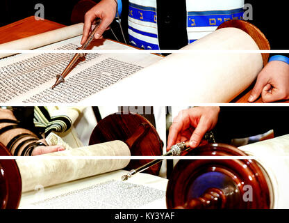 Lettura Barmitzvah Torah scrolls città santa di Gerusalemme in vacanza del tredicesimo giorno del compleanno di ebreo. Foto Stock