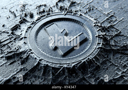 Una microscopica closeup concetto di cast o estratto di metallo che si accumula fino a formare un fisico cryptocurrency litecoin simbolo - 3D render Foto Stock