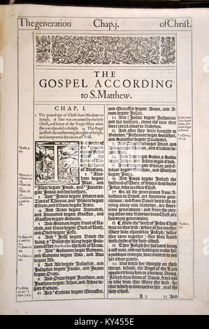 1611 edizione della versione di King James la Sacra Bibbia, aperto sulla prima pagina del Nuovo Testamento. Dal pettine rara collezione di libri a Dunedin Public Library, Dunedin, Nuova Zelanda. Foto Stock