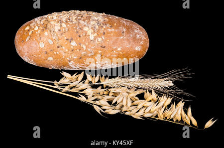 Filone di pane con il granoturco secco picchi. Fresh croccante pane marrone con fiocchi di avena. Isolato su sfondo nero. Foto Stock