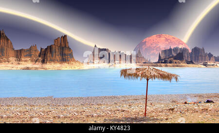 Collage. Spiaggia di sabbia sulla riva di uno stagno su un pianeta alieno Foto Stock