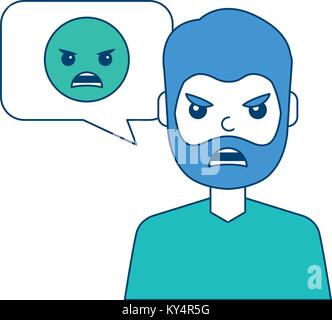 Uomo con arrabbiato emoticon in discorso bolla illustrazione vettoriale blu e verde design Illustrazione Vettoriale