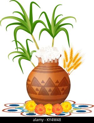 Felice pongal bigliettino. Vacanza in India. Festa della Vendemmia celebrazioni con il riso nella tradizionale pentola di fango, la canna da zucchero, calendula o genda o fiore zendu sulla colorata rangoli. Illustrazione Vettoriale. Illustrazione Vettoriale