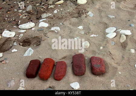 Vista dettagliata del buon modellato e colorato bagnato pietre su di una spiaggia di sabbia bagnata di fresco da onde in Florida Foto Stock