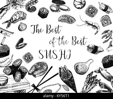 Disegnato a mano stile sketch sushi composizione. Illustrazione Vettoriale. Illustrazione Vettoriale