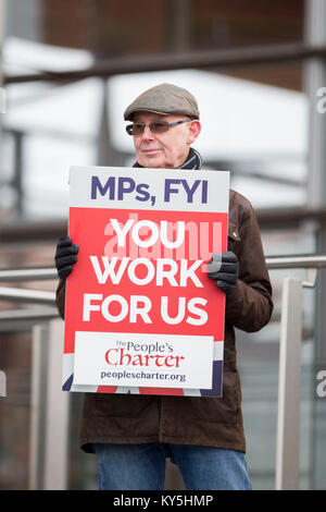 Cardiff, Galles, UK. Xiii gen, 2018. Cardiff Wales, Regno Unito, 13 gennaio 2018. Un "non-partigiano Pro-Brexit Rally' sostenitore all'edificio Senedd organizzato dalla carta PeopleÕs Foundation. Credito: Mark Hawkins/Alamy Live News Foto Stock