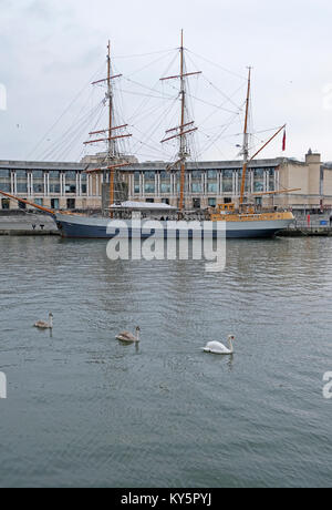 Bristol, Regno Unito. Il 13 gennaio, 2018. Regno Unito meteo: una famiglia di cigni nuotano nel Bristol City Docks in un freddo e noioso sabato pomeriggio. Keith Ramsey/Alamy Live News Foto Stock