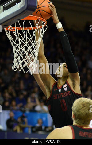 Seattle, WA, Stati Uniti d'America. Xiii gen, 2018. Stanford di Okpala Kezie (0) schiacciate per 2 dei suoi 10 punti durante una PAC12 gioco di basket tra il Washington Huskies e Stanford cardinale. Il gioco è stato giocato al Hec ed Pavilion a Seattle, WA. Jeff Halstead/CSM/Alamy Live News Foto Stock