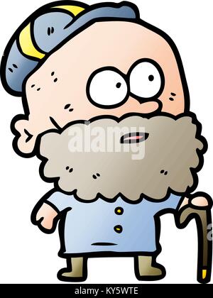 Vecchio cartoon uomo con bastone e il tappo piatto Illustrazione Vettoriale