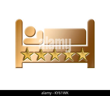 Un'icona che rappresenta gli alberghi è visto in questo 3-D'illustrazione. È oro con cinque stelle e raffigura una persona nel letto. Foto Stock