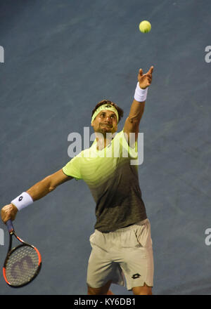 Auckland, Nuova Zelanda. Xii gen, 2018. David Ferrer di Spagna serve nella sua semifinale partita contro Juan Martin Del Potro di Argentina durante l'ATP torneo maschile di Auckland, in Nuova Zelanda il Jan 12, 2018. Credito: Shirley Kwok/Pacific Press/Alamy Live News Foto Stock