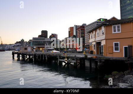 Terminal dei traghetti di Wellington, zona di Quay e città. Porto di fronte alla baia al tramonto Foto Stock