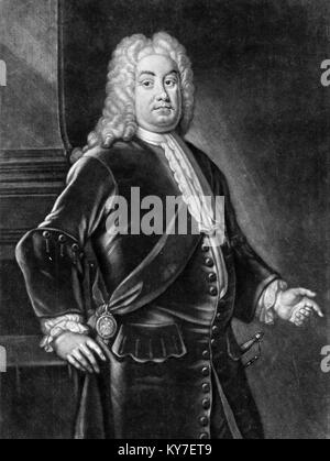 Robert Walpole, 1° Conte di Orford (1676-1745), conosciuto prima 1742 come Sir Robert Walpole, uno statista britannico che è generalmente considerato il primo Primo ministro della Gran Bretagna. Incisione di Gerhard Bockman da un dipinto di Thomas Gibson. Foto Stock