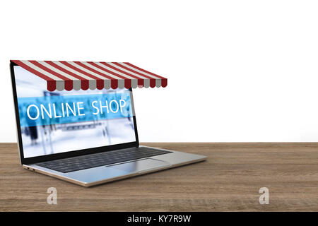 Shopping online concetto con 3D rendering computer notebook e tenda Foto Stock