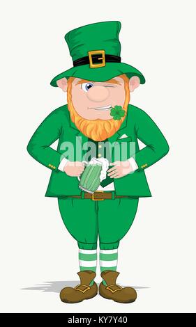 Disegnata a mano illustrazione vettoriale di un divertente leprechaun sorridente vestito di verde con barba arancione e bere birra Illustrazione Vettoriale