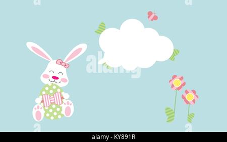 Easter Bunny girl con uovo sotto messaggio cloud Illustrazione Vettoriale