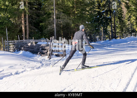 Cross-country sciatore scia a battute di pista da sci in inverno pieno di sole al giorno. Foto Stock