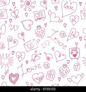 Il giorno di San Valentino. Icone grandi set. Modello senza giunture. Simboli di amore. Sfondo bianco Illustrazione Vettoriale