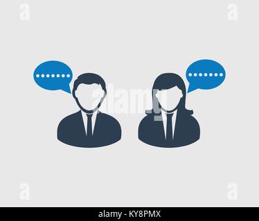 Icona di conversazione. Simbolo di bolla nel maschio e nella testa femmina. Illustrazione Vettoriale