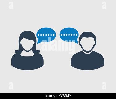 Icona di conversazione. Simbolo di bolla nel maschio e nella testa femmina. Illustrazione Vettoriale