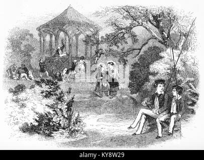 Incisione di bambini che giocano nel parco durante l'era Vittoriana. Da un'incisione originale in Harper's Story libri da Jacob Abbott, 1854. Foto Stock