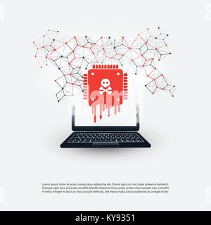 Computer portatile equipaggiato con un processore colpite da Meltdown & spettro critiche vulnerabilità di sicurezza, attacchi informatici, Password personali o perdita di dati Illustrazione Vettoriale